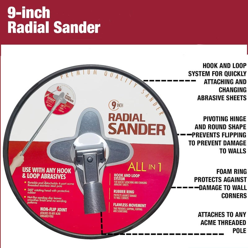 SACKORANGE 9 Inch Radial Hand Drywall Sander with 3 PCS Pole (4 Ft Long)-Premium Wall Cleaning and Polishing Tool with Hook and Loop System–A Unique Metal Pivoting Hinge Drywall Sander - Image 2